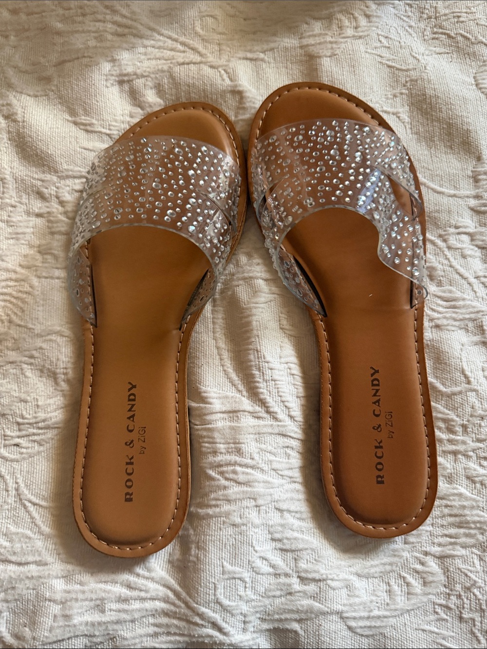 Rock & Candy Tan Slide Sandals with Clear Crystal Embellishment